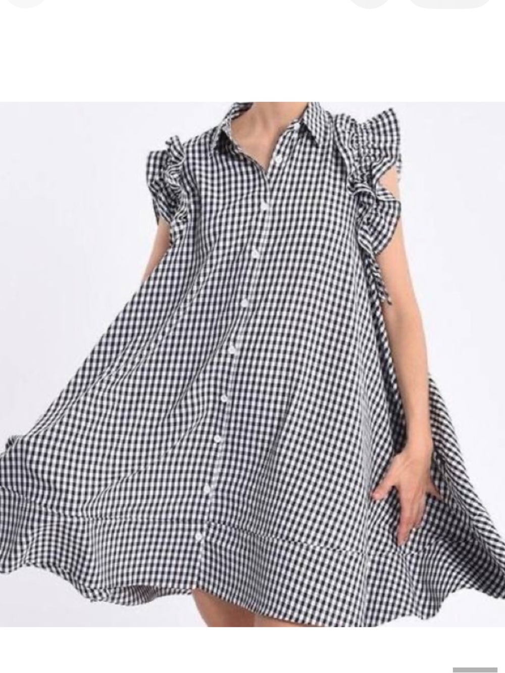 Gingham Shirt Checked Ruffle-Sleeve  Dress - Black & White